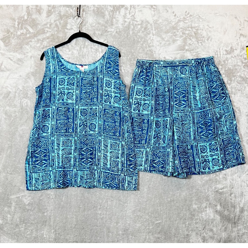 Vintage STUNT Collections Set Size Large‎ Retro Funky 100% Silk Blue Aztec Print